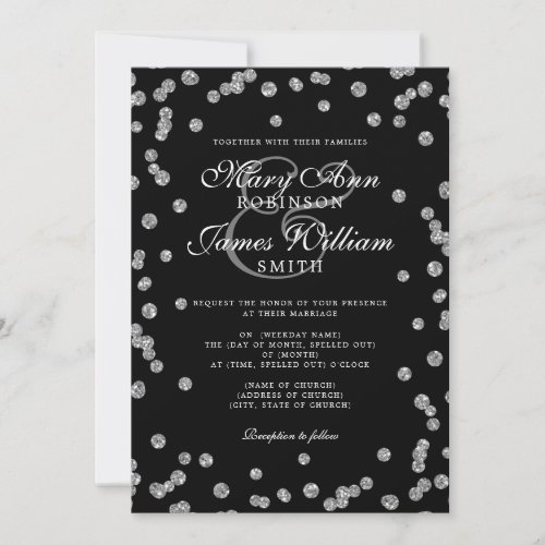 Elegant Wedding Silver Glitter Confetti Black Invitation