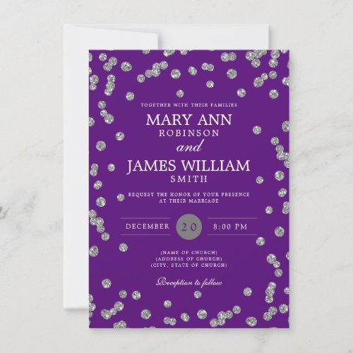 Elegant Wedding Silver Glitter Confetti Purple  Invitation