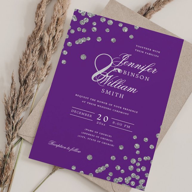 Elegant Wedding Silver Glitter Confetti Purple  Invitation (Elegant Wedding Silver Glitter Confetti Purple Invitation)