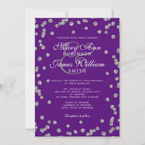 Elegant Wedding Silver Glitter Confetti Purple  Invitation