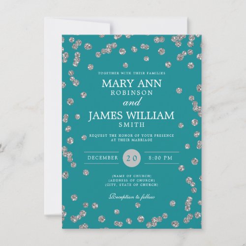 Elegant Wedding Silver Glitter Confetti Teal  Invitation