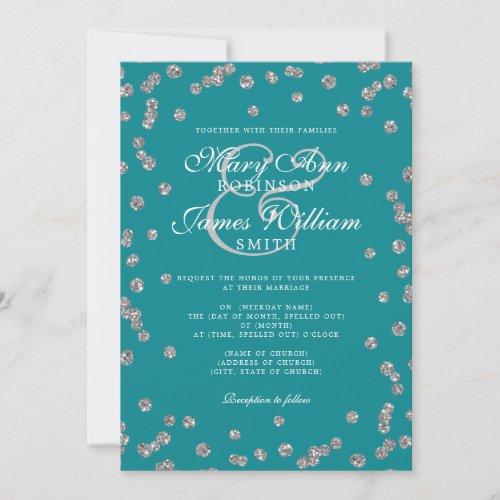 Elegant Wedding Silver Glitter Confetti Teal  Invitation