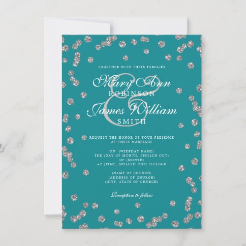 Elegant Wedding Silver Glitter Confetti Teal  Invitation