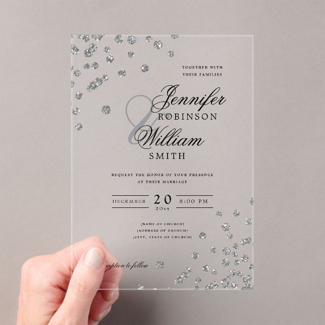Elegant Wedding Silver Glitter Confetti Themed  Acrylic Invitations (Insitu (Handheld))