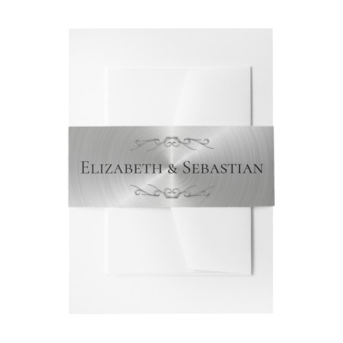 Elegant Wedding Silver Metallic Scrollwork Names Invitation Belly Band