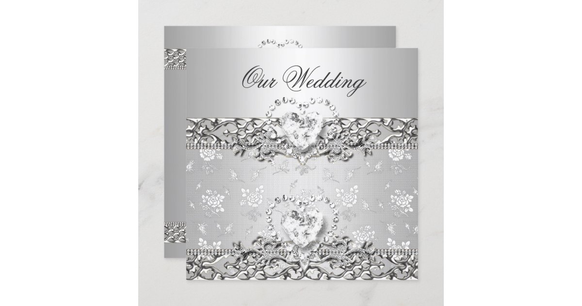 Elegant Wedding Silver White Diamond Heart Invitation | Zazzle