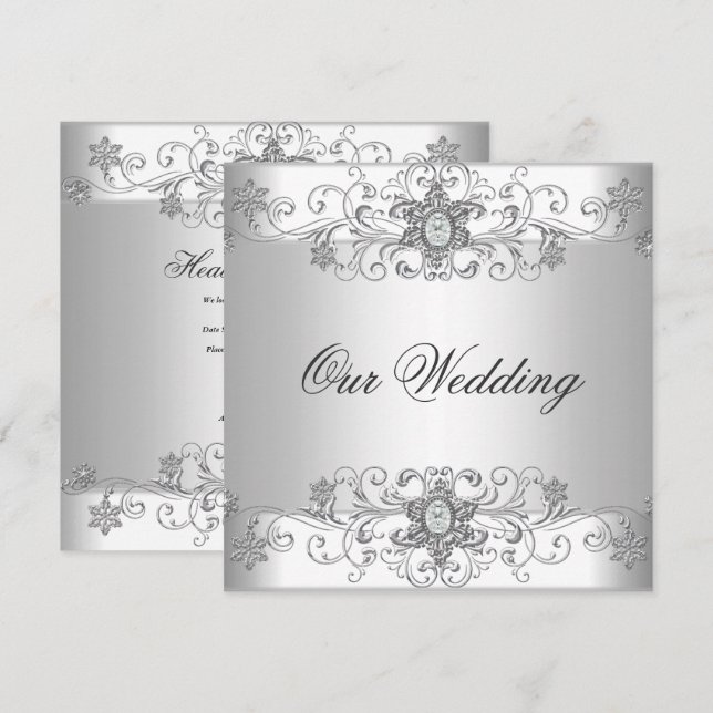 Elegant Wedding Silver White Diamond Jewel Invitation (Front/Back)