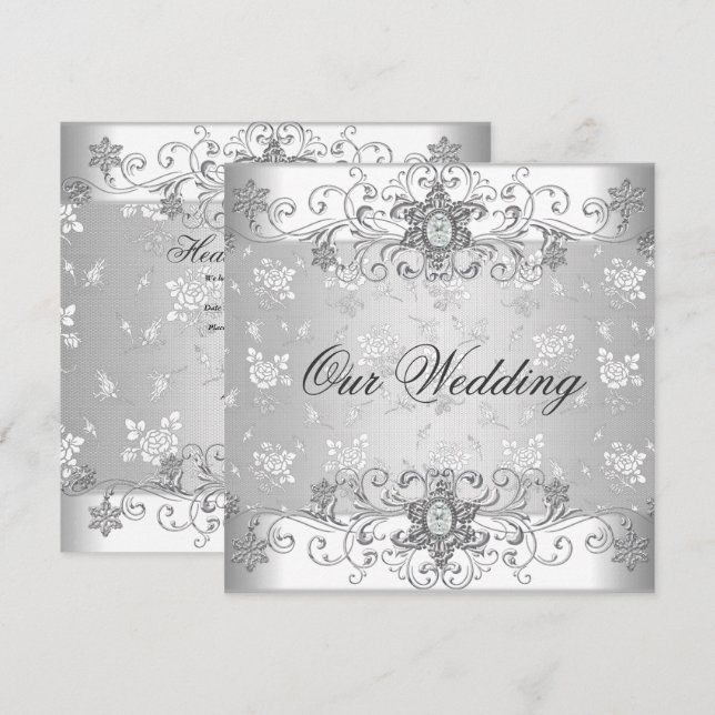 Elegant Wedding Silver White Diamond Jewel Lace Invitation (Front/Back)