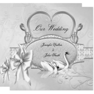 Elegant Wedding Silver White Swans Heart Bow Invitation