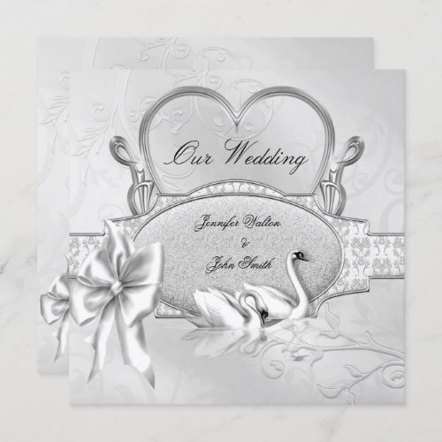 Elegant Wedding Silver White Swans Heart Bow Invitation