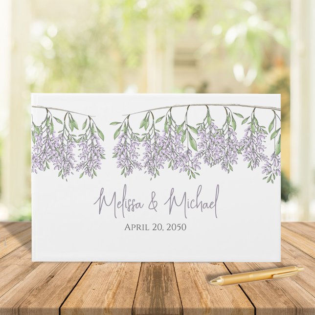 Elegant Wedding Simple Minimalist Lilac Floral  Guest Book (Elegant simple calligraphy script floral wisteria custom guest book. )