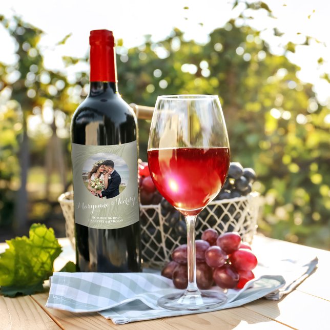 Elegant Wedding Simple Photo Tropical Palm Leaves Wine Label (Elegant botanical green tropical palm leaves wedding wine label.)