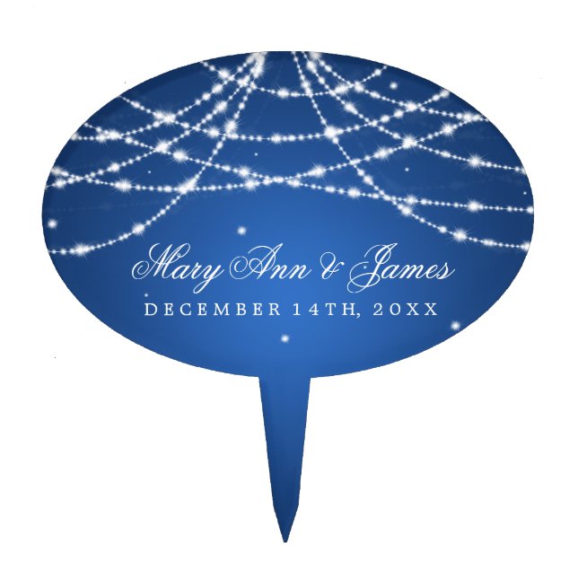 Elegant Wedding Sparkling String Blue Cake Topper (Front)
