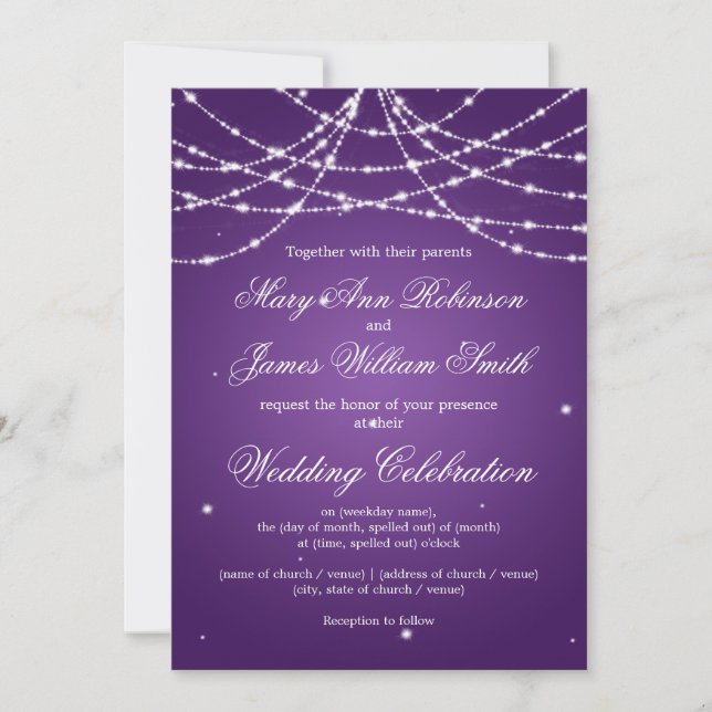 Elegant Wedding Sparkling String Purple Invitation (Front)