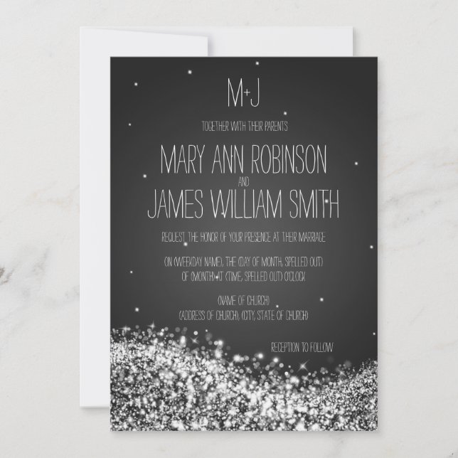 Elegant Wedding Sparkling Wave Black Invitation (Front)