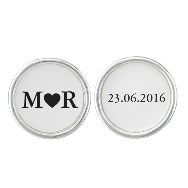 Elegant Wedding Stylish Monogram Black White Cufflinks (Front)
