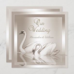 Elegant Wedding Swans Damask Cream White Invitation