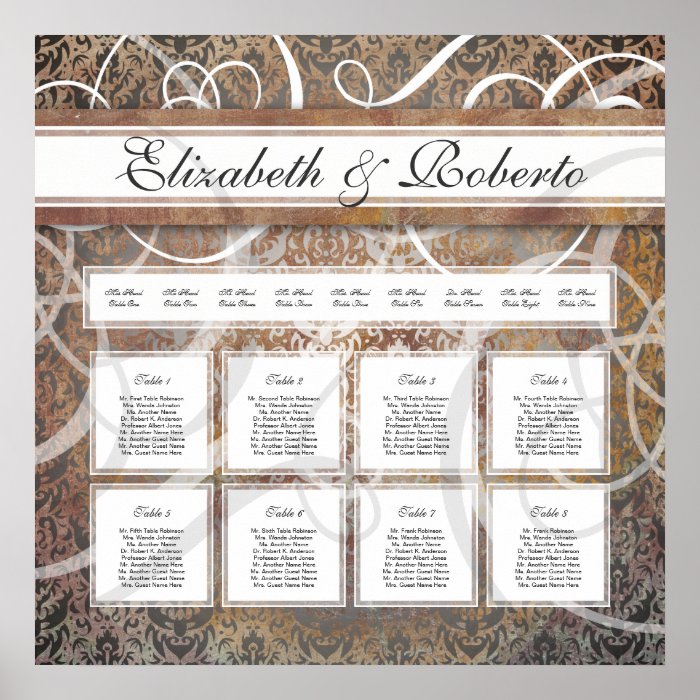 Elegant Wedding Table Seating Chart Tuscan Damask Poster