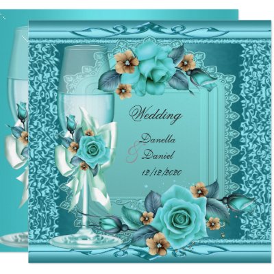 Elegant Wedding Teal Blue Beige Roses Flowers Card
