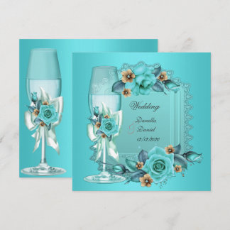 Elegant Wedding Teal Blue Beige Roses Flowers Invitation