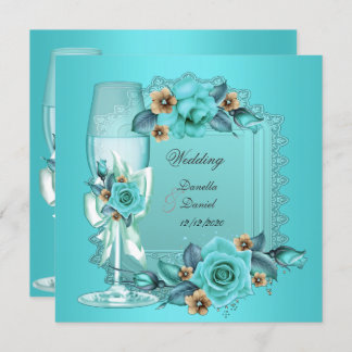 Elegant Wedding Teal Blue Beige Roses Flowers Invitation