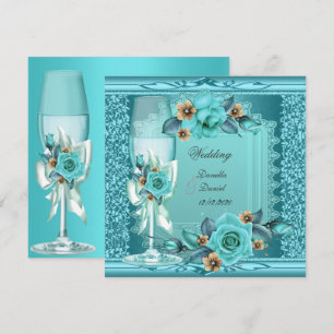 Elegant Wedding Teal Blue Beige Roses Flowers Invitation