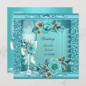Elegant Wedding Teal Blue Beige Roses Flowers Invitation