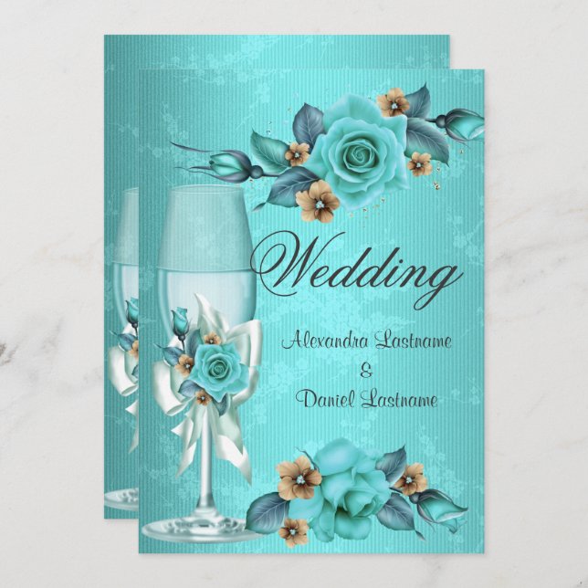 Elegant Wedding Teal Blue Champagne Roses Flowers Invitation (Front/Back)
