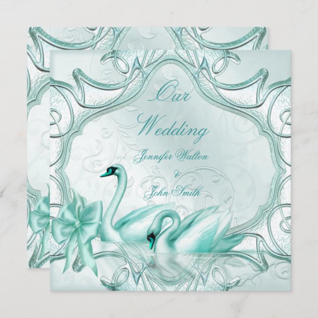 Elegant Wedding Teal Blue Swans Bow Invitation (Front/Back)