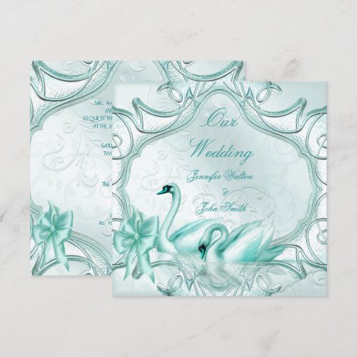 Elegant Wedding Teal Blue Swans Bow Invites