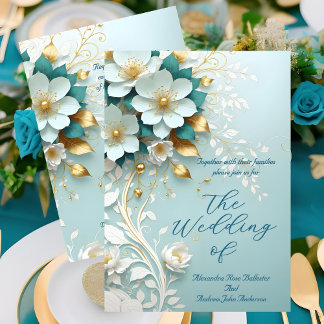 Elegant Wedding Teal Blue White Gold Floral ornate Invitation
