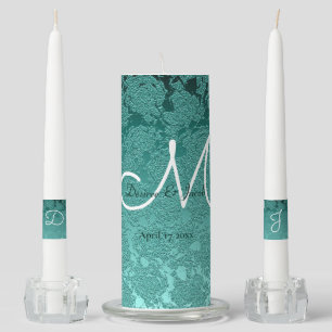 Elegant Wedding Teal Green White Monogram Unity Candle Set