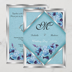 Elegant Wedding Teal Purple Roses Silver Bouquet 2 Invitation