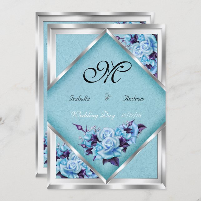 Elegant Wedding Teal Purple Roses Silver Bouquet 2 Invitation (Front/Back)