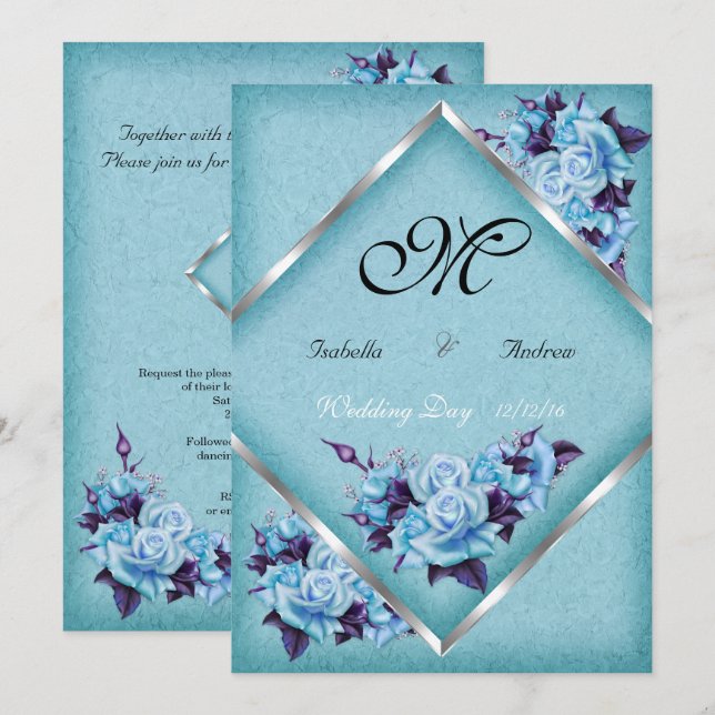Elegant Wedding Teal Purple Roses Silver Bouquet a Invitation (Front/Back)