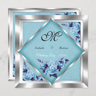 Elegant Wedding Teal Purple Roses Silver Bouquet Invitation