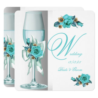 Elegant Wedding Teal White Beige Rose Champagne Card