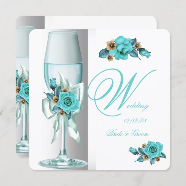 Elegant Wedding Teal White Beige Rose Champagne Invitation (Front/Back)