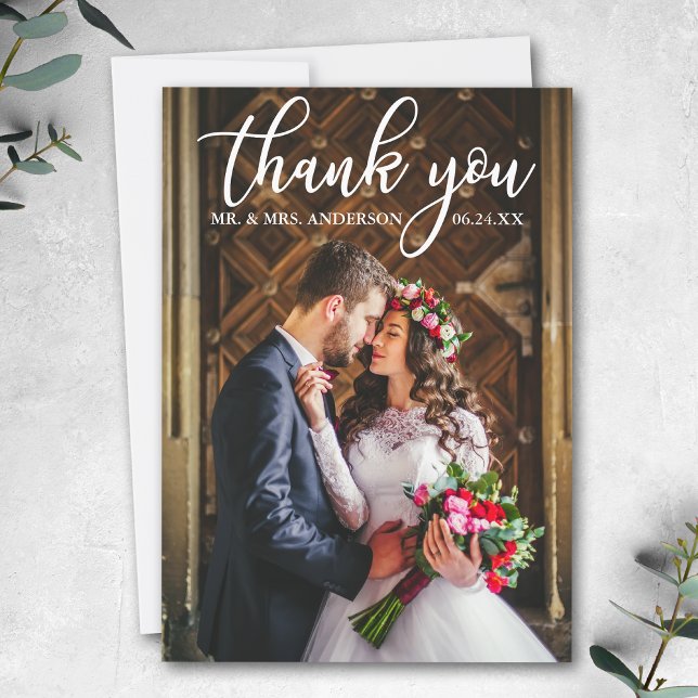 Elegant Wedding Thank You Bride and Groom Photo (Customize to add text or more photos to back of card.)