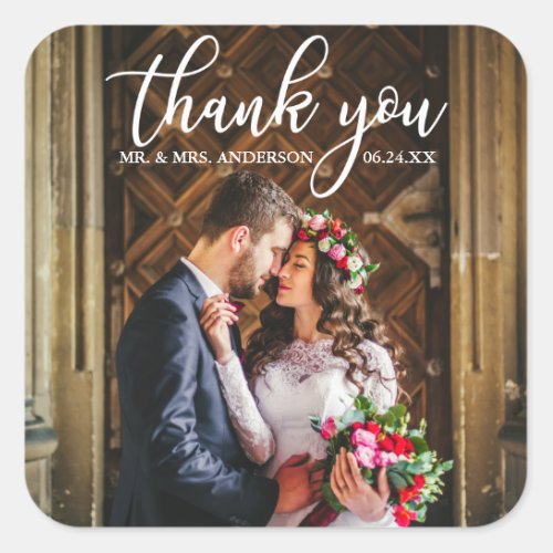 Elegant Wedding Thank You Bride and Groom Photo Square Sticker