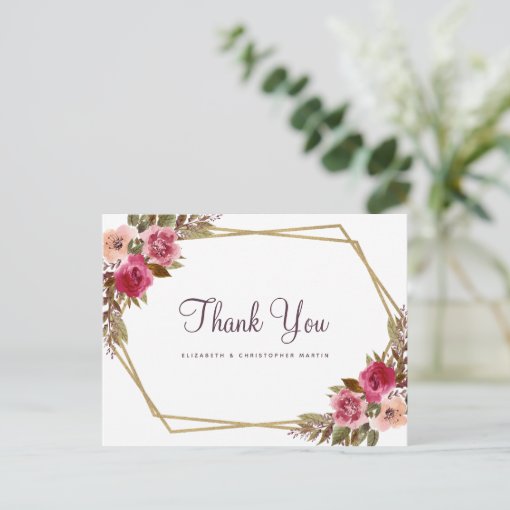 Elegant Wedding Thank You Floral Gold Frame Postcard | Zazzle