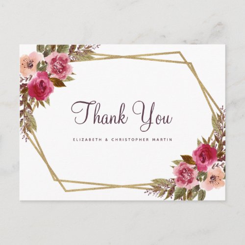 Elegant Wedding Thank You Floral Gold Frame Postcard