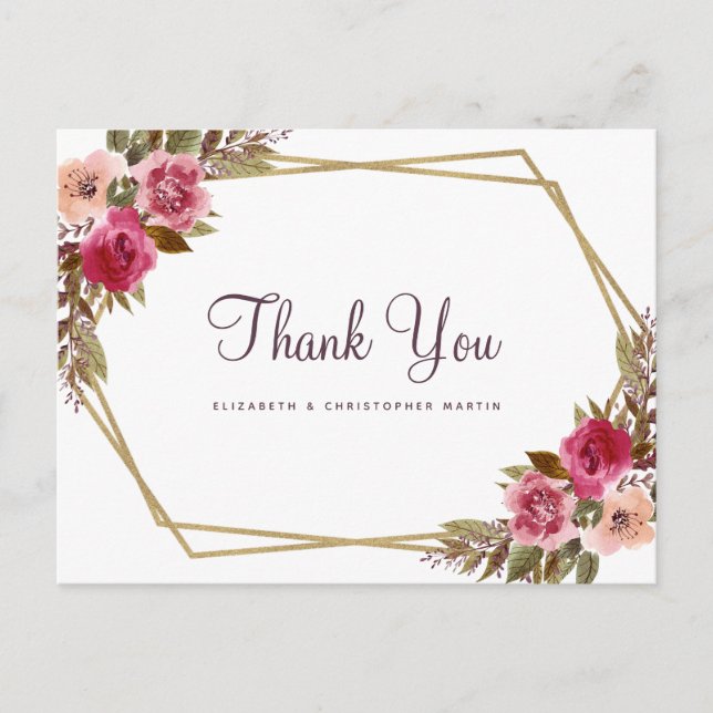 Elegant Wedding Thank You Floral Gold Frame Postcard (Front)