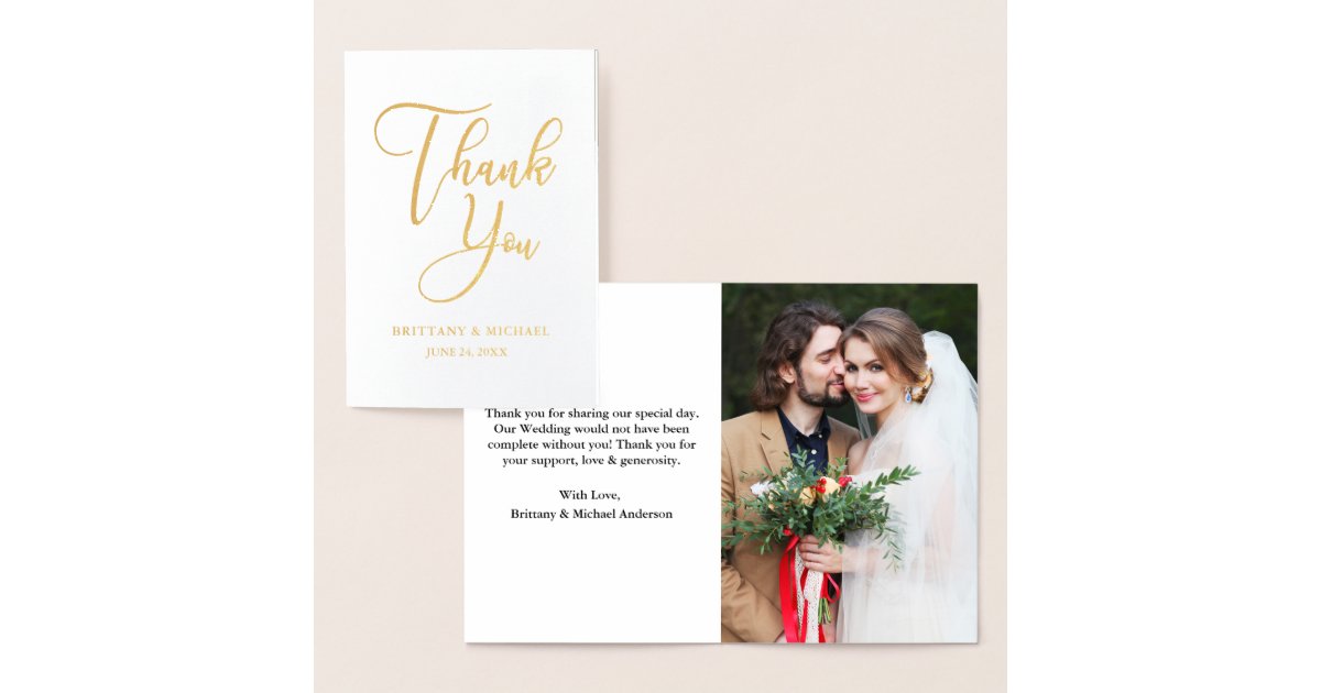 Elegant Wedding Thank You Photo Gold Foil Card | Zazzle