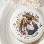 Elegant Wedding Thank You Photo Navy Blue Sugar Cookie<br><div class="desc">'With love & thanks' sugar cookies, personalized with the couple's photo and their names. A sweet treat, glazed in white chocolate flavored icing and printed on an edible frosting sheet. These fun wedding cookies are a perfect party favor gift for a reception, bridal shower, or any special event or celebration....</div>