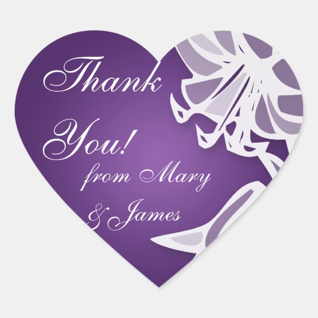 Elegant Wedding "Thank you" Purple Lily Bouquet Heart Sticker (Front)
