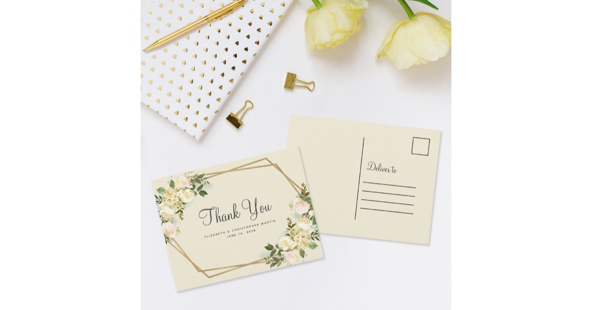 Elegant Wedding Thank You Watercolor Floral Gold Postcard | Zazzle
