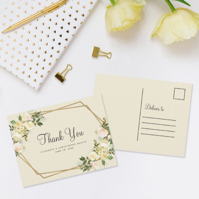 Elegant Wedding Thank You Watercolor Floral Gold  Postcard (Elegant Calligraphy Wedding Custom Thank You Watercolor Floral Gold Postcard)