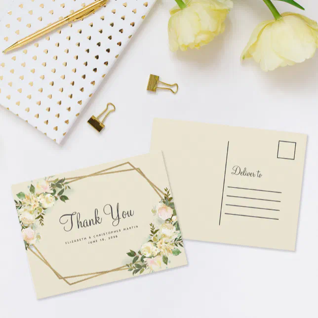 Elegant Wedding Thank You Watercolor Floral Gold Postcard | Zazzle