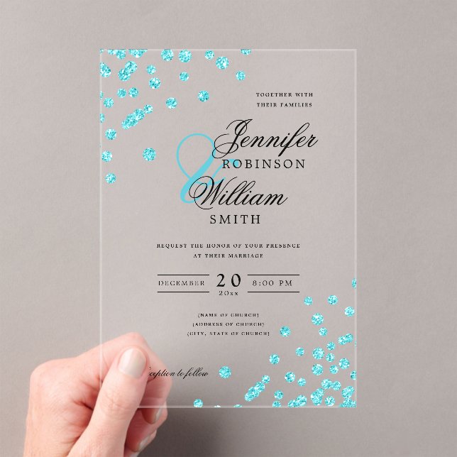 Elegant Wedding Turquoise Glitter Confetti Themed  Acrylic Invitations (Insitu (Handheld))